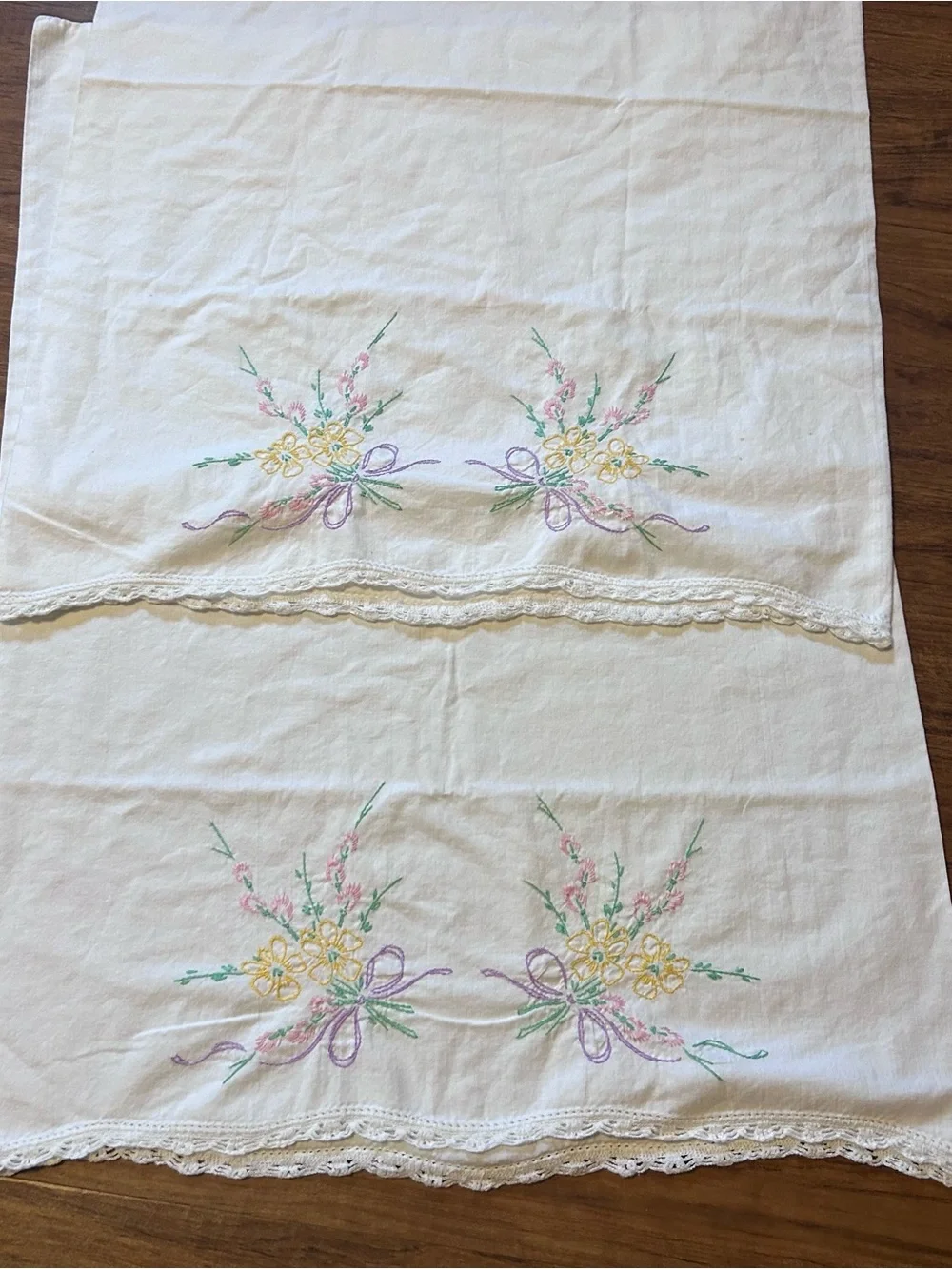 Vintage White Pillowcases with Pastel Floral Embroidery